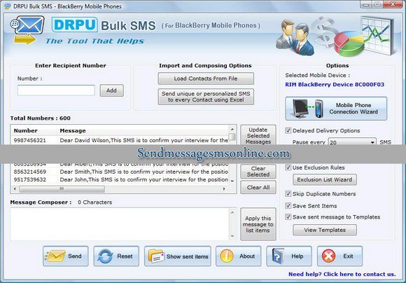 Screenshot of SMS Application BlackBerry
