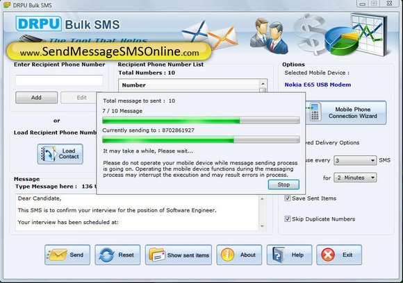 Screenshot of SMS Bulk Messaging