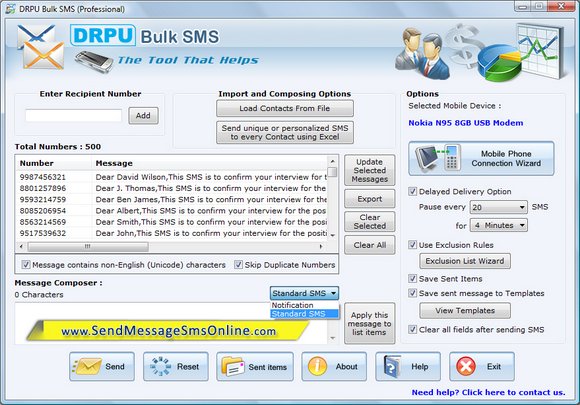 Screenshot of Bulk Text Messaging
